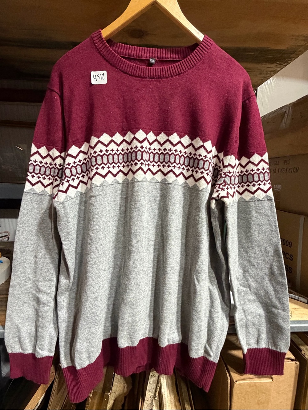#4512-Cozy Maroon and Light Gray Fair Isle Crewneck Sweater